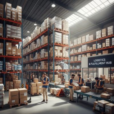 Warehouse workers sorting packages in a logistics and fulfillment center.