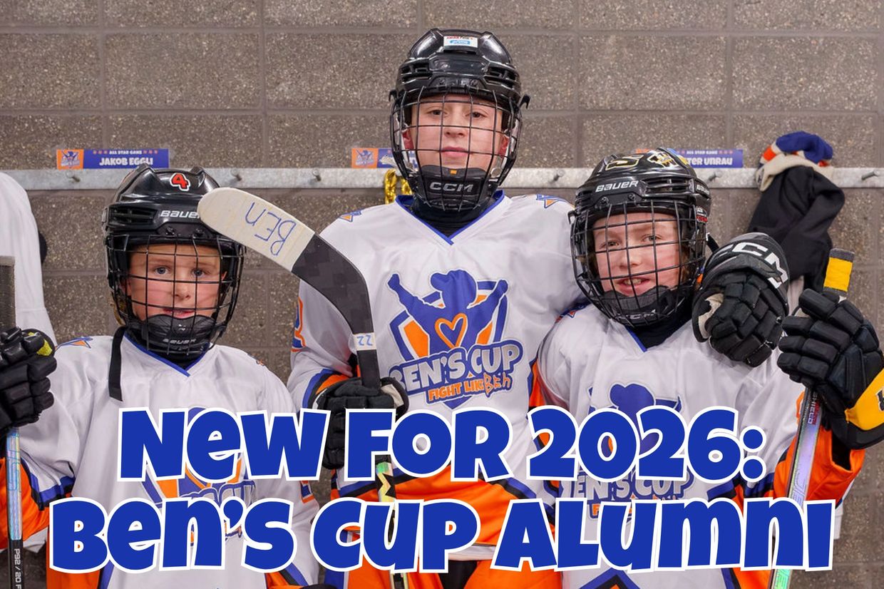 Three young hockey players in gear with text about Ben's Cup alumni.