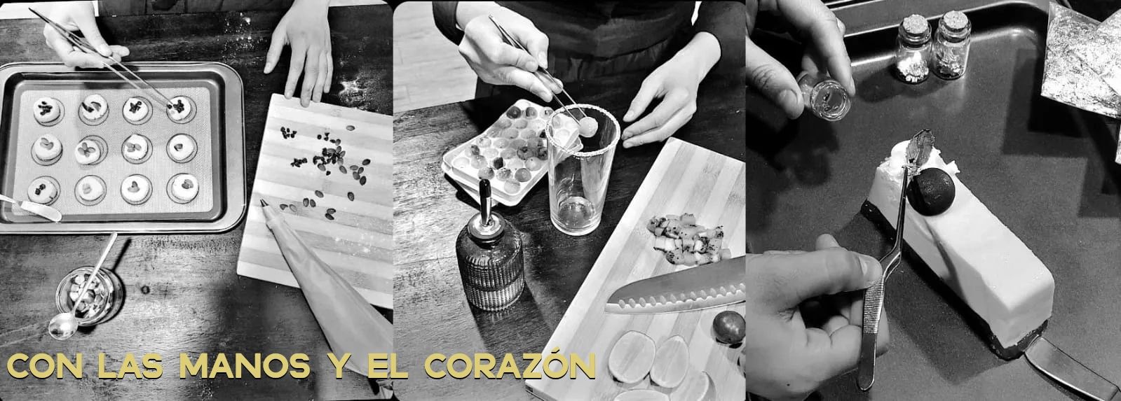 Persona cocinando, usando pinzas de precisión, pinas de chef, Decorando platos y bebidas.GASTRONOMIA