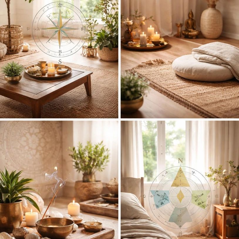 Cozy meditation and relaxation space with candles, plants, and soft natural light.