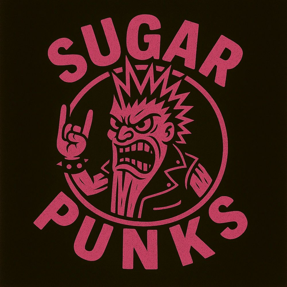 Pink punk rock character with spiked hair and 'Sugar Punks' text on black background.