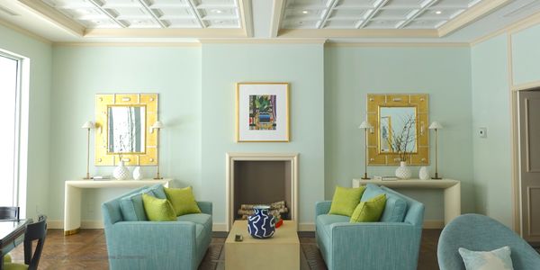 Kirkland House, 101 Worth Ave., Palm Beach, residence lounge decorated in light blue and yellow