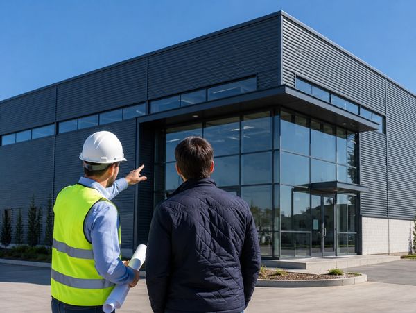 Construction worker and client discussing a modern commercial building.