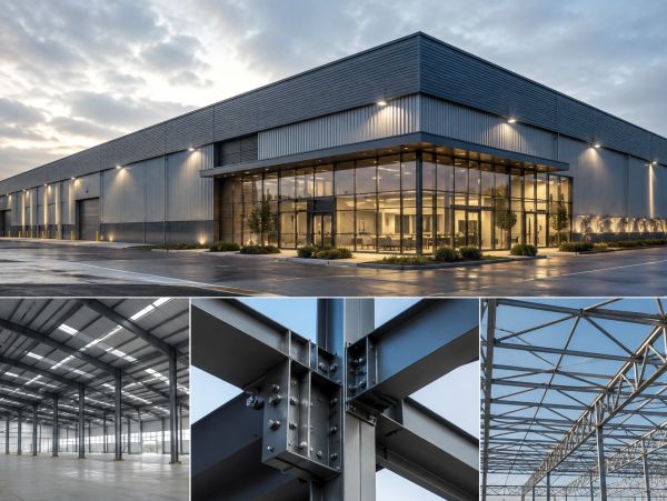 Modern industrial warehouse with steel structure and glass facade at dusk.