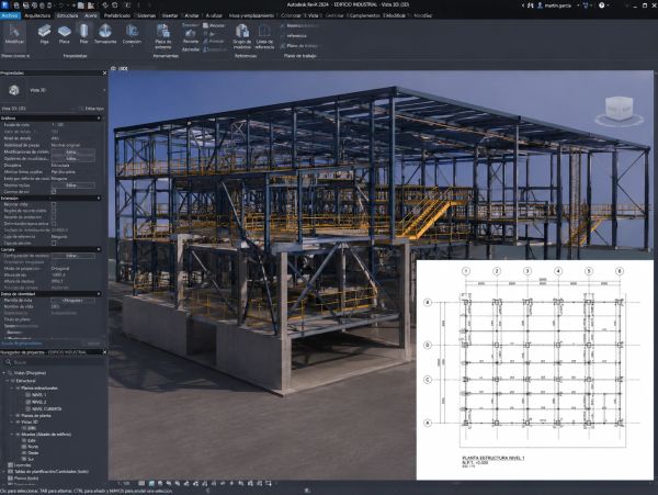 3D structural steel building model displayed in Autodesk Revit software.