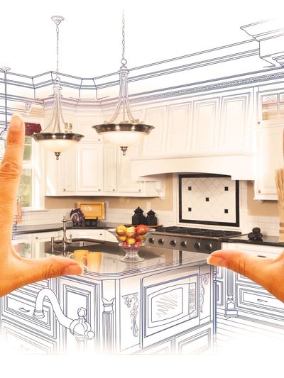 Hands framing a kitchen design blending sketch and reality.