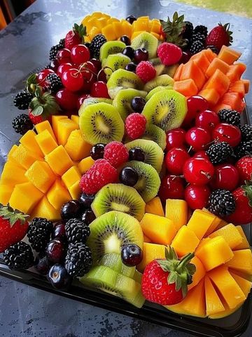 Colorful assorted fresh fruit platter with kiwi, mango, berries, and cantaloupe.