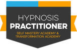 A Hypnosis Practitioner website badge. It's dark brown with orange and light blue