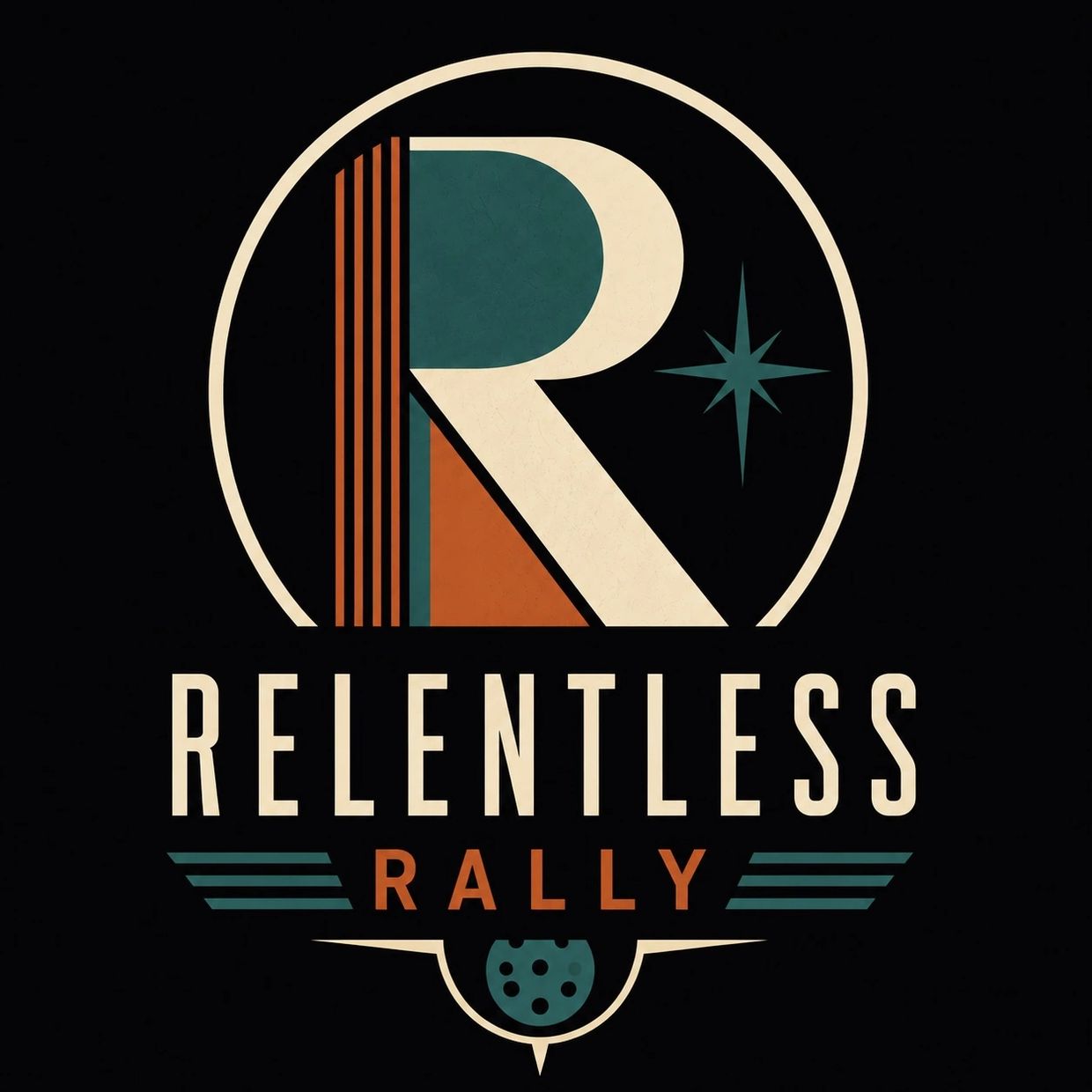 Stylized logo featuring a large 'R' with retro colors and the text 'Relentless Rally'.