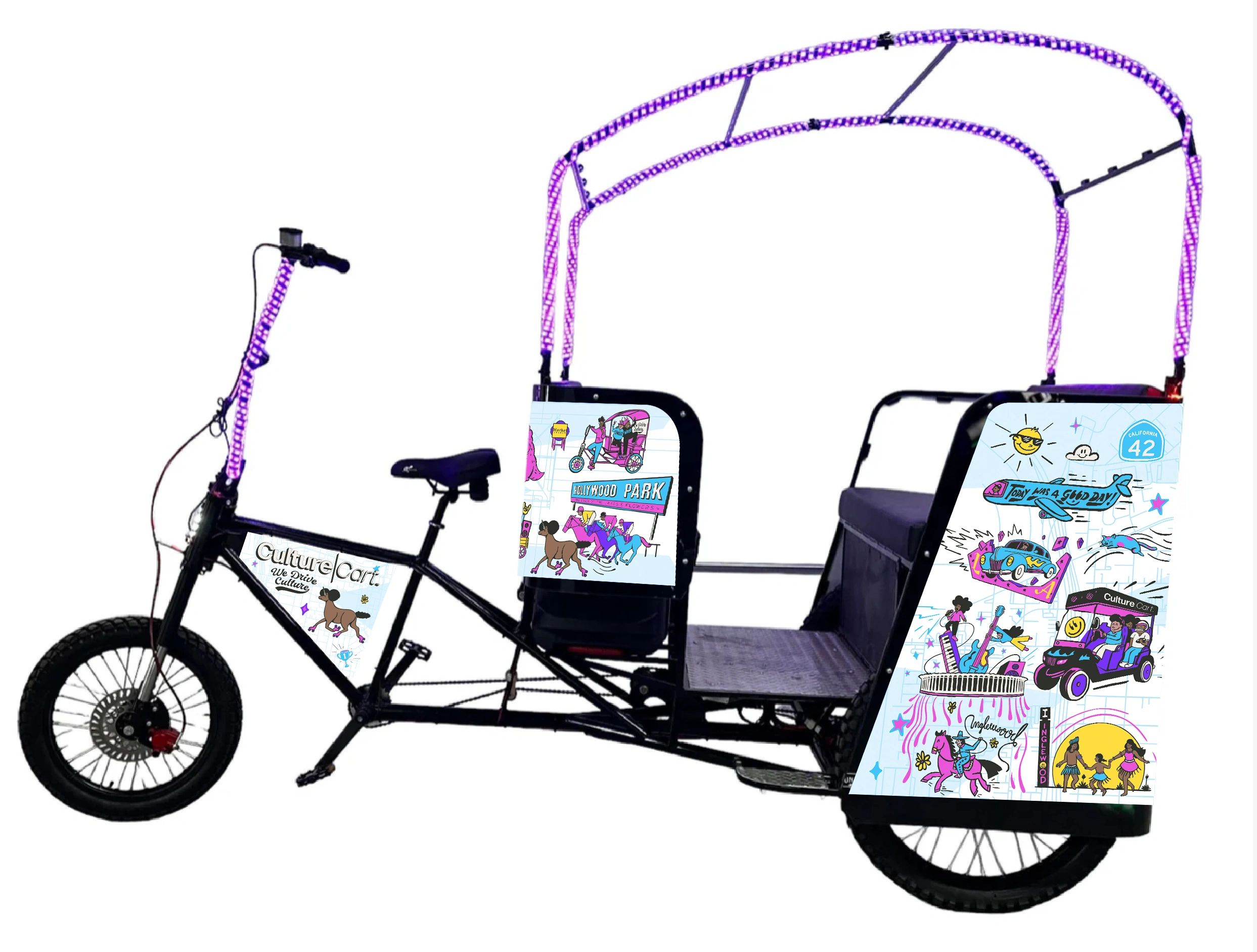 Decorated pedicab with colorful, playful artwork and purple LED lights.