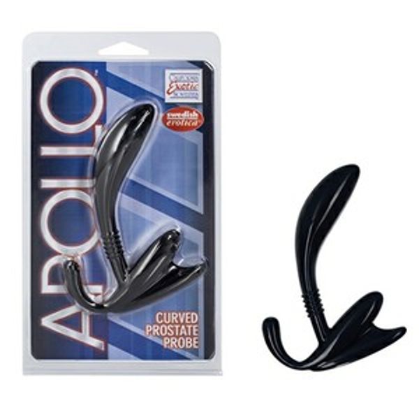 Curved black prostate probe in packaging and out of packaging.
