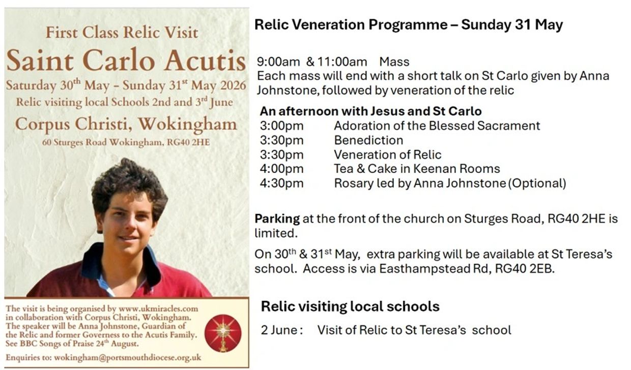 Poster announcing the First Class Relic Visit of Saint Carlo Acutis at Corpus Christi, Wokingham, May 30-31, 2026.
