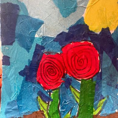 Collage art of two red spiral flowers with green stems against a blue and yellow background.