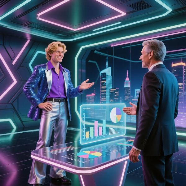 Two men in futuristic attire discussing data charts on a holographic table in a neon-lit room.
