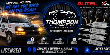 Thompson Automotive Locksmith ad showing service vehicle and key services.