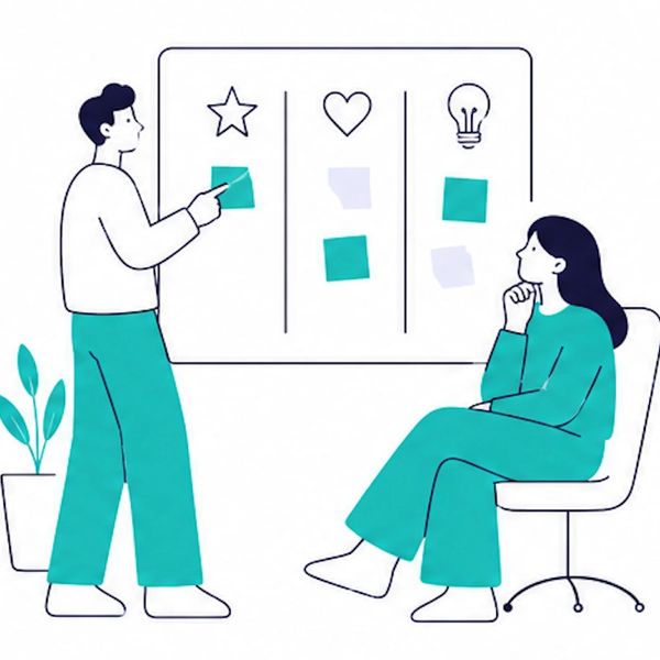 Two people brainstorming with sticky notes on a whiteboard divided into star, heart, and lightbulb sections.
