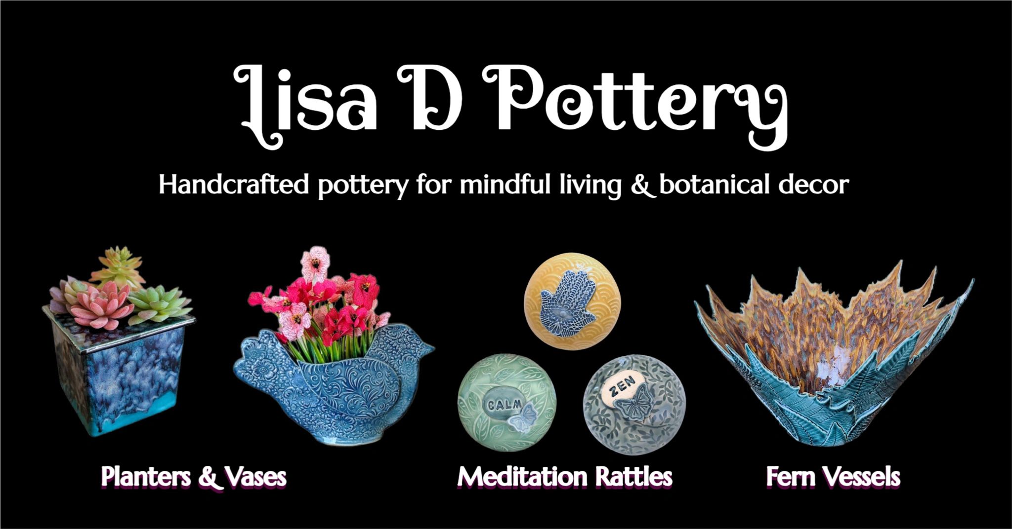 Lisa D Pottery items available for sale on her website.