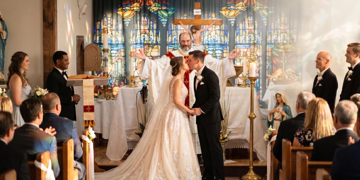 Bride and groom kiss at altar with priest blessing them.