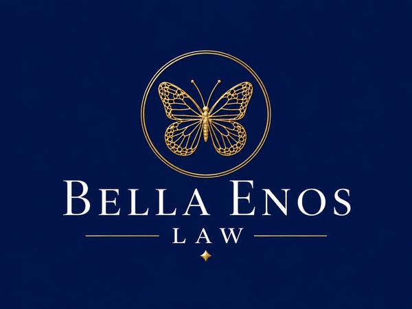 Elegant logo featuring a golden butterfly for Bella Enos Law.
