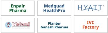 Six company logos including Enpair Pharma, Medquad HealthPro, Hyatt, Yeluri, Planter Ganesh Pharma, and IVC Factory.