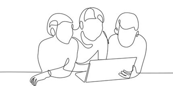 Line drawing of three people in front of computer. Education. Mental Health Awareness.
