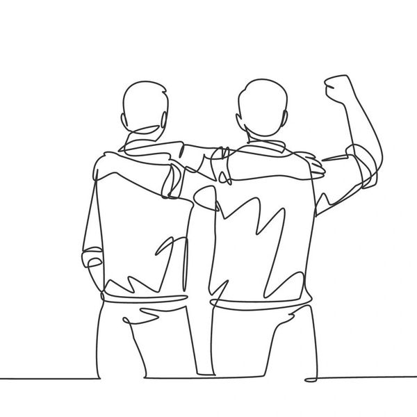 Line drawing of two people with arms over shoulders. Support. Suicide Prevention.
