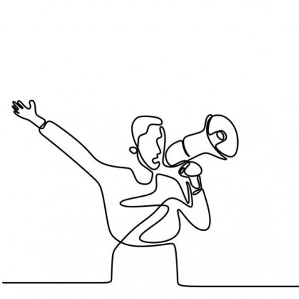 Line drawing of person with bullhorn. Advocacy. Suicide prevention and mental health awareness.