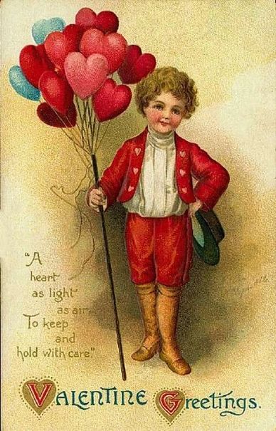 A boy with baloons in he shape of hearts, Valentine's greetings by Ellen Clapsaddle.