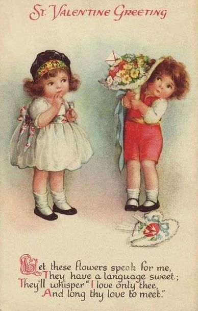 A girl getting flowerf from a boy, Ellen H. Clapsaddle's St. Valentine Greeting card.