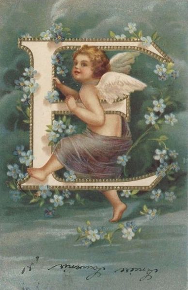 Cupid and letter E on St. Valentine's card by Ellen Hattie Clapsaddle.