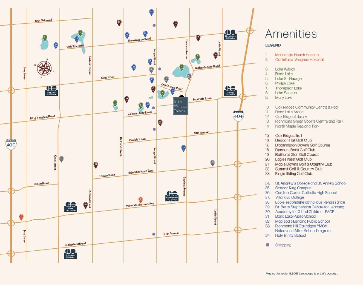 Map of amenities around Lake Wilcox Towns including hospitals, lakes, parks, golf clubs, schools, and shopping spots.