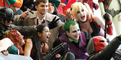 Group of people in comic and movie character costumes.