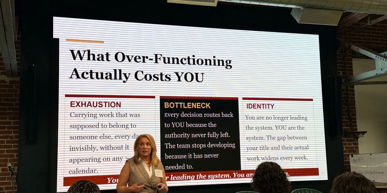 Presentation slide on the costs of over-functioning: exhaustion, bottleneck, and identity loss.