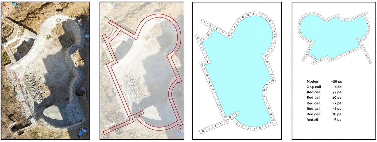 Aerial view and blueprint progression of a uniquely shaped swimming pool design.