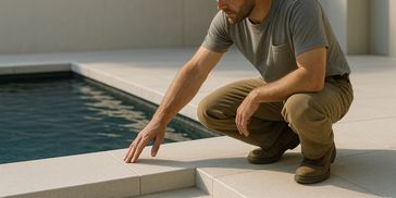 Construction worker inspecting pool tiles while wearing a hard hat and safety glasses.