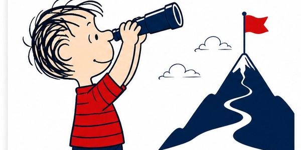 Boy using a telescope to look at a mountain with a red flag on top.
