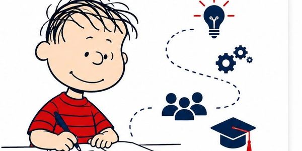 Cartoon boy writing with icons of ideas, teamwork, and graduation.