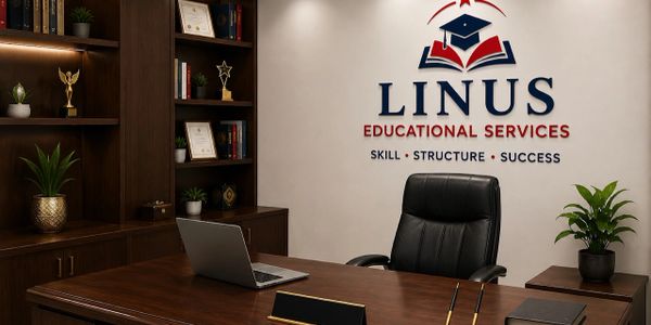 Modern office of Linus Educational Services with sleek furniture and a laptop.
