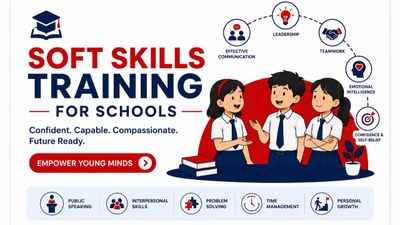 Illustration promoting soft skills training for school students with key skills icons.