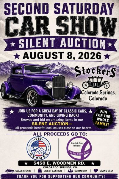Second Saturday Car Show with silent auction on August 8, 2026 in Colorado Springs.