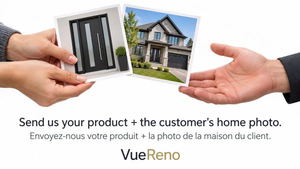 Deux mains présentent une photo de porte et une photo de maison pour créer un aperçu VueReno.