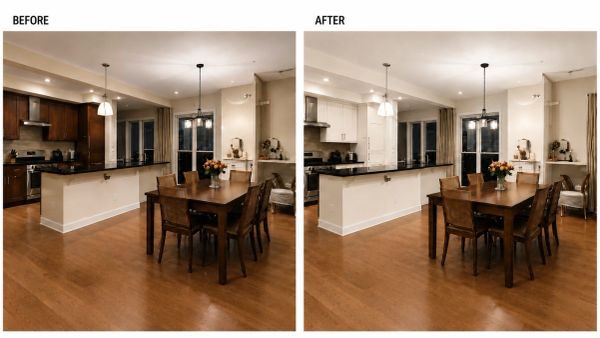 Kitchen makeover with lighter cabinets and consistent flooring.