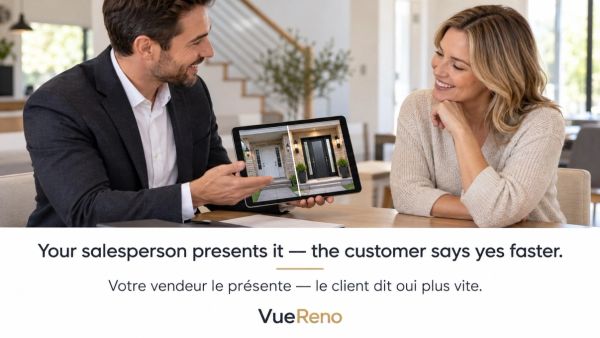 A sales representative shows a home exterior preview to a customer on a tablet.