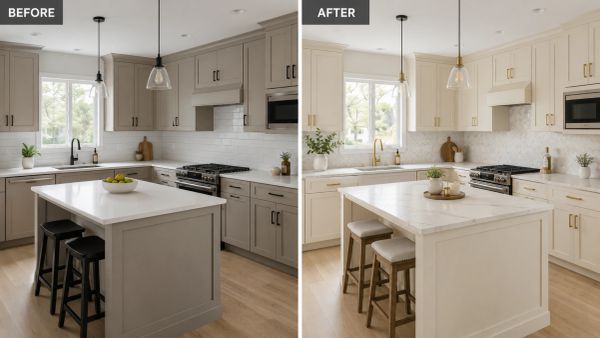 Kitchen makeover with lighter cabinetry and gold fixtures.