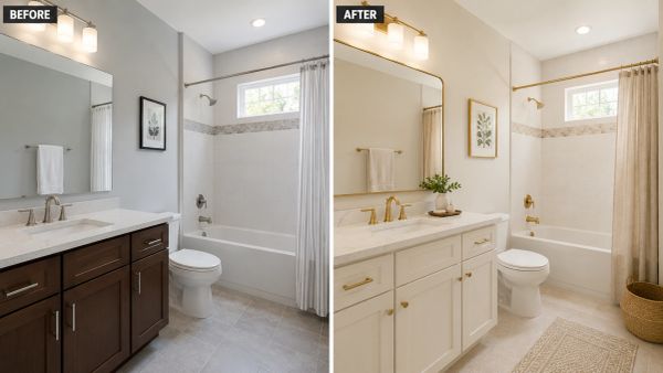 Bathroom before and after makeover with white cabinets and gold fixtures.