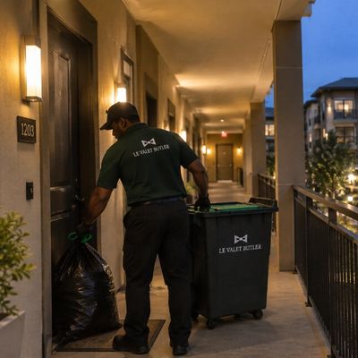 Clean, modern multifamily apartment community with a valet trash professional servicing a resident d