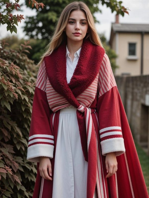 Woman wearing a stylish red and white coat with wide sleeves and a fur collar.