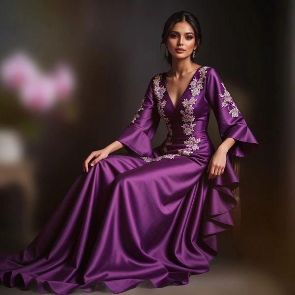 Elegant woman in a purple satin gown with floral embroidery.
