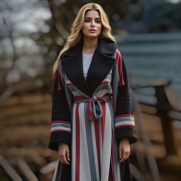 A woman wearing a stylish long coat with colorful stripes and a belt.