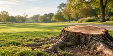 A large tree stump in a park with sunlight and grass.
